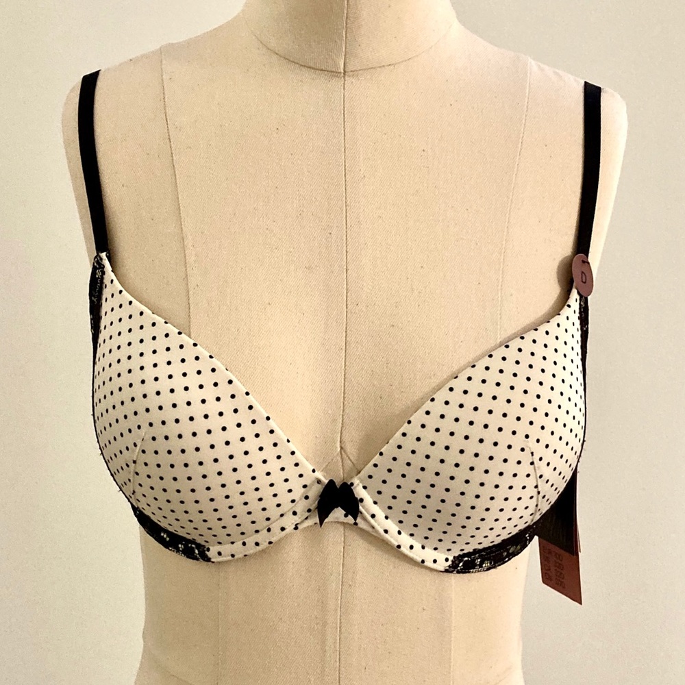 H&M Push Up Bra 32D White Polkadot Black Lace